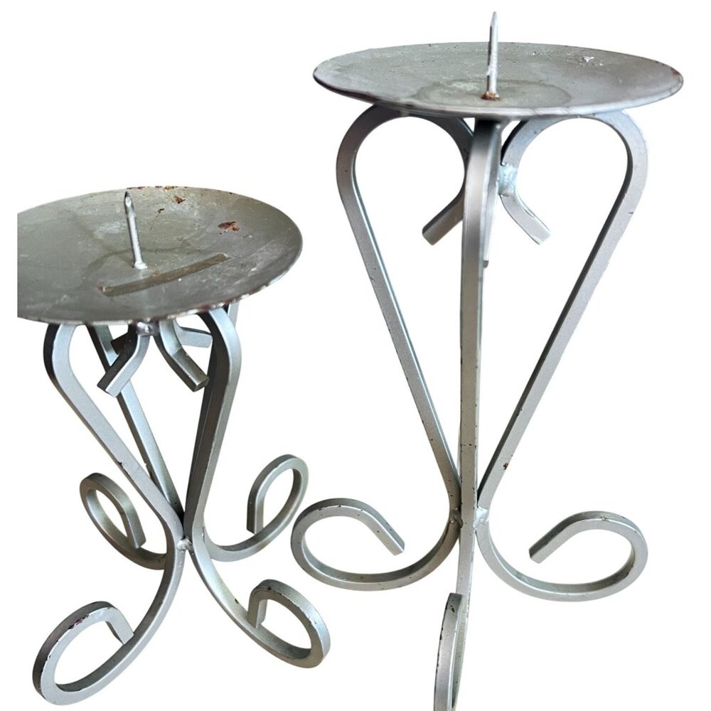Pillar Candle Holders Two Silver Tone MCM With Swirl Design Small & Large